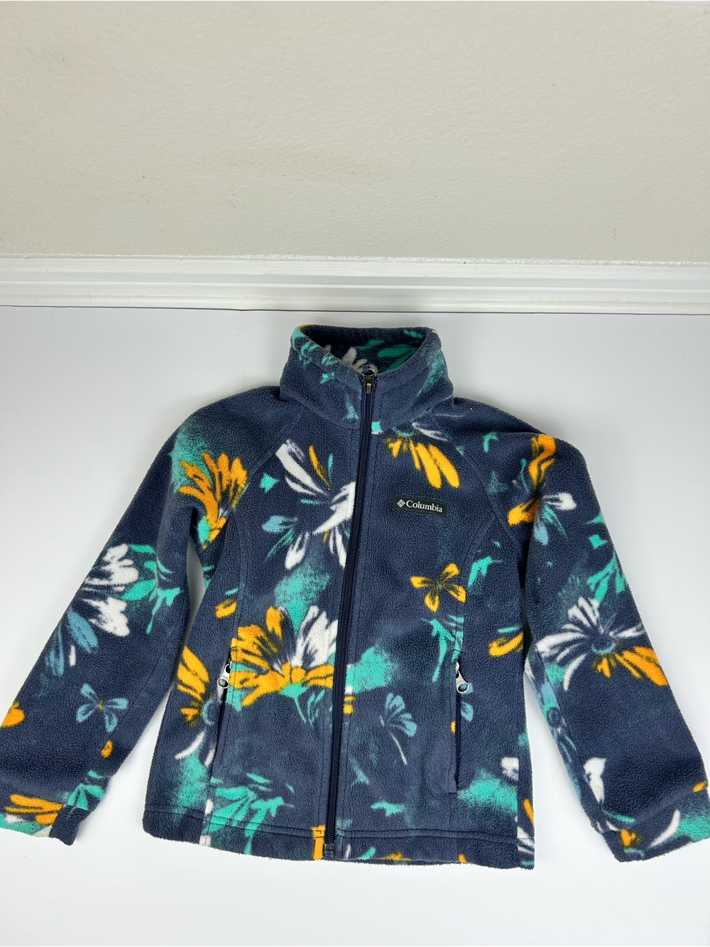 Columbia Unisex Kids XS 6/6x Full Zip Fleece Jacket Blue Floral Print Pockets